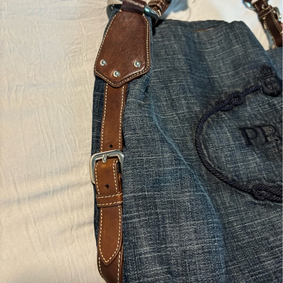 Authentic Vintage Prada Tote Blue Jean Bag Brown Leather Handle - Picture 6 of 12